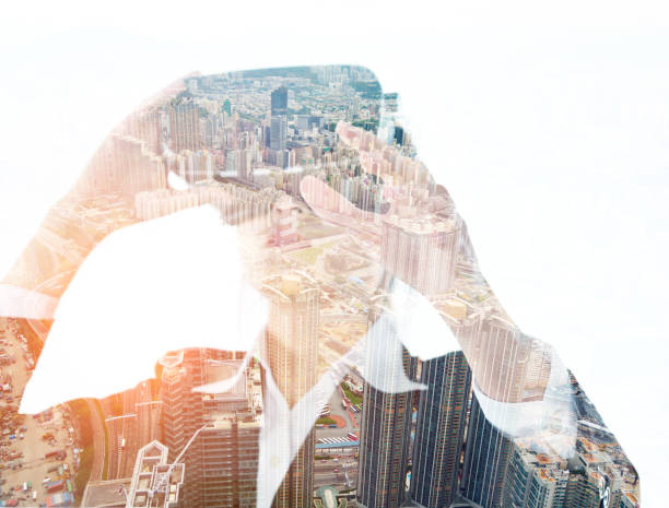 istock Multiple exposure of businesswoman using the virtual reality simulator 1094833446