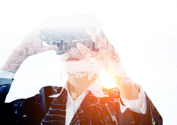 istock Multiple exposure of businesswoman using the virtual reality simulator 1094833518
