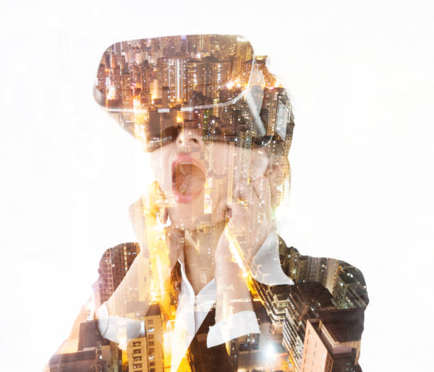 istock Multiple exposure of businesswoman using the virtual reality simulator 1094833654