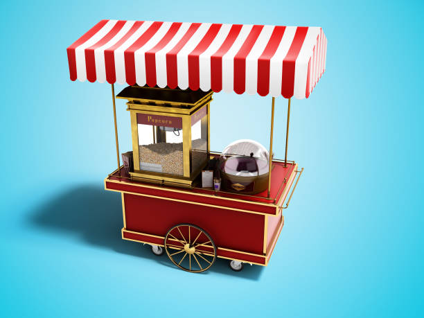 istock Red portable popcorn store perspective view 3d render on blue background with shadow 1094835484