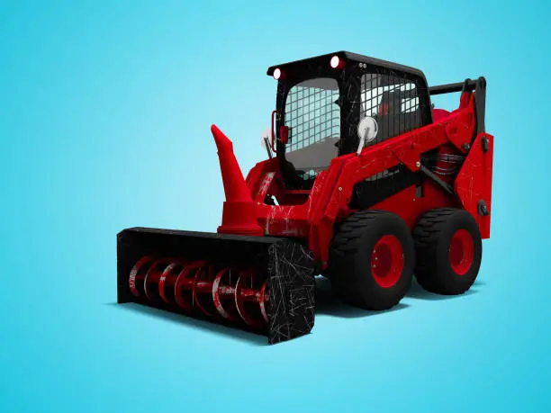 Old red mini loader nozzle snowthrower 3d render on blue background with shadow