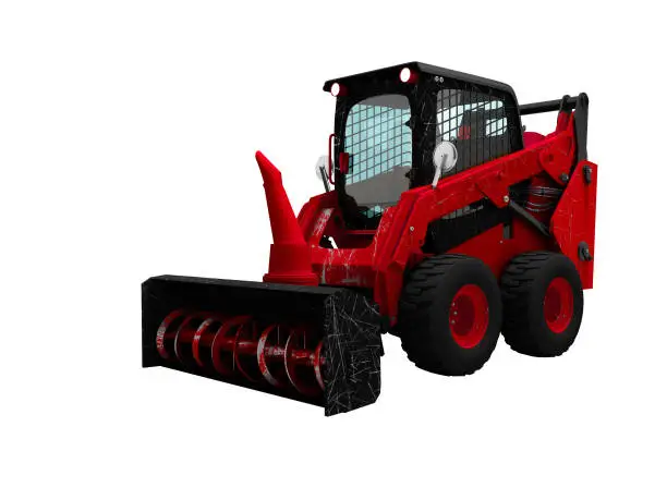 Old red mini loader nozzle snowthrower 3d render on white background no shadow