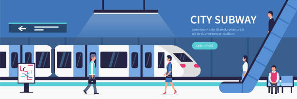 city subway People in city subway. Passengers at subway station platform.  Flat style vector illustration. tunnel illustrations stock illustrations