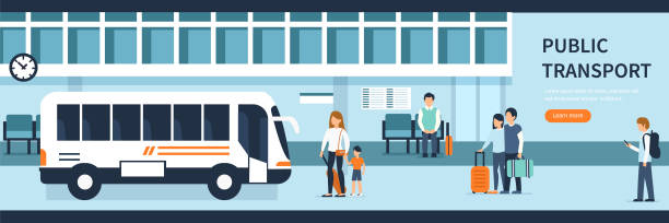 public transport People on bus station. Passengers on train platform. Flat style vector illustration. bus livery stock illustrations