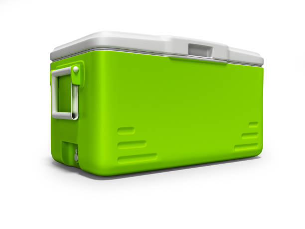 Green portable refrigerator for drinks isolated 3D render on white background with shadow Green portable refrigerator for drinks isolated 3D render on white background with shadow cool box stock pictures, royalty-free photos & images