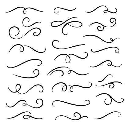 Hand drawn flourishes swirls, text dividers, wedding decor design elements.