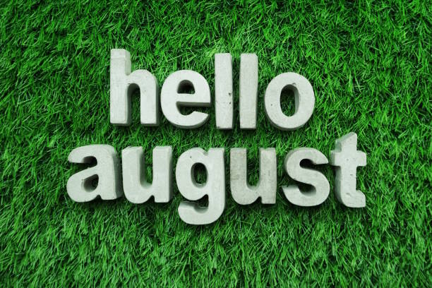 istock Hello August made from concrete alphabet top view on green grass 1094841714