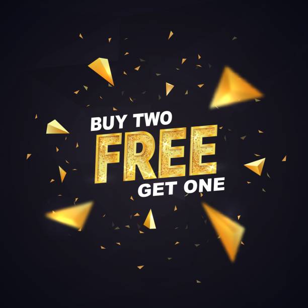 Buy two get one free on dark background vector illustration. Isolated design elements. Best offer shopping template with golden triangles Buy two get one free on dark background vector illustration. Isolated design elements Best offer shopping template with golden triangles pics for free and stock illustrations