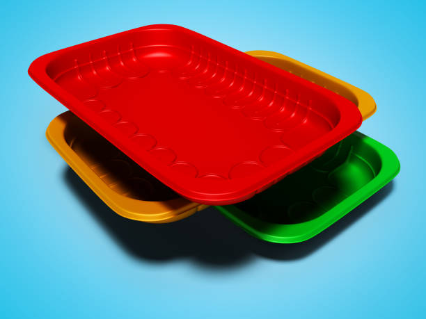 istock Plastic trays of different colors 3d render on gray background with shadow 1094841792