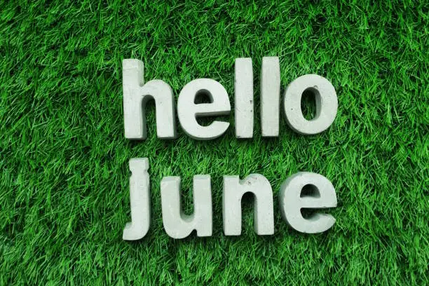 Hello June made from concrete alphabet top view on green grass