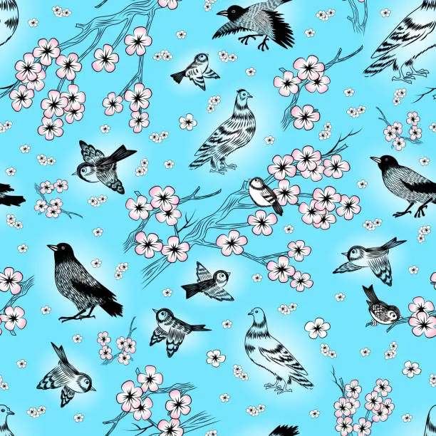 Vector illustration of Seamless pattern with birds and trees