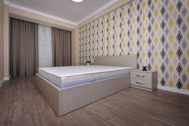 istock New empty brown bedroom with twin bed, bedside tables and curtain 1094843714