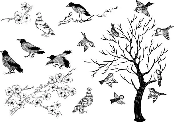 Vector illustration of Sketch birds and trees