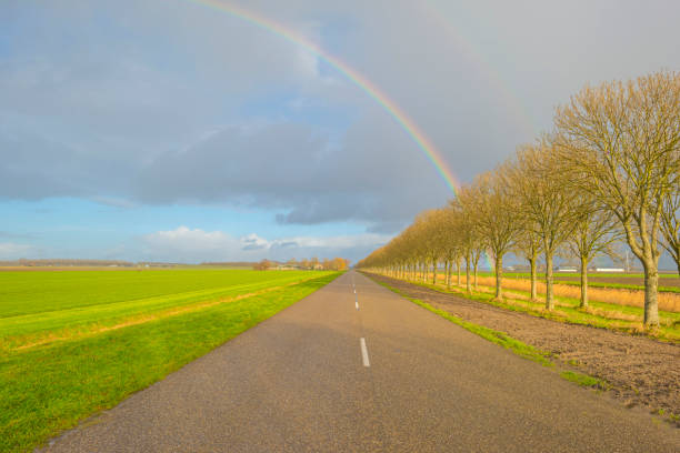 Deteriorating weather and a rainbow over a meadow in sunlight in winter