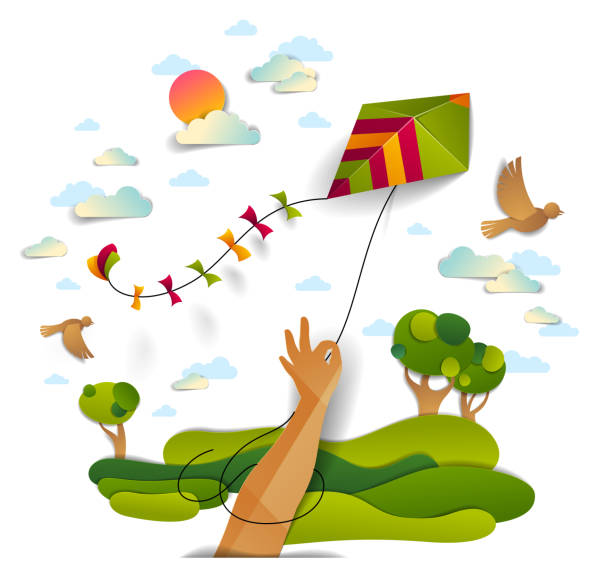 bildbanksillustrationer, clip art samt tecknat material och ikoner med hand innehav kite över molnig himmel fåglar som flyger och solen, ängar och träd natursköna landskap, frihet och enkelhet känslomässiga koncept, vektor modern stil papper skära 3d illustration. - flying kite