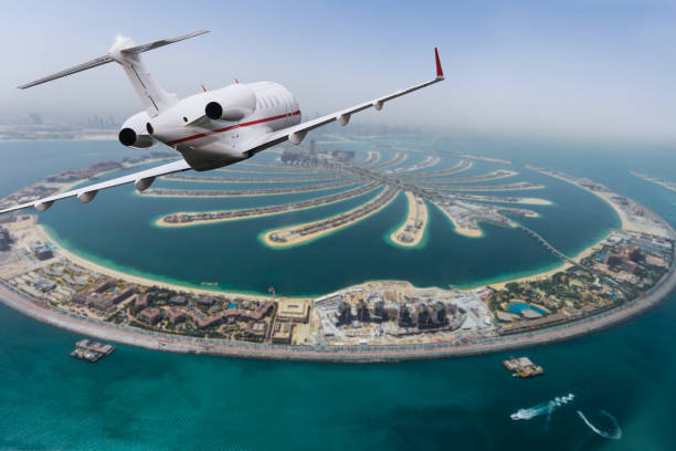 istock Dubai Palm artificial Island with private jet 1094849844