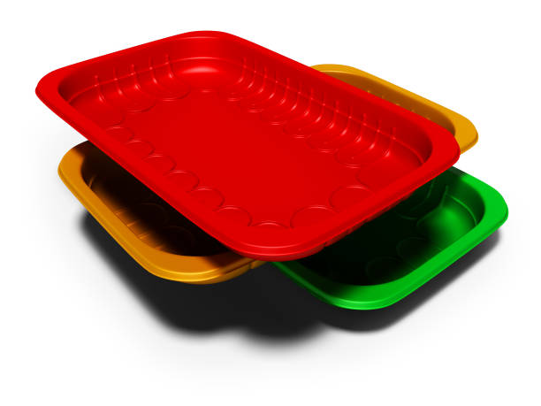 istock Plastic trays of different colors 3d render on white background with shadow 1094851446