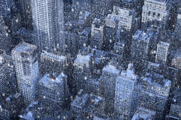 istock Snowfall over New York downtown, aerial view 1094857892