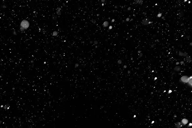 Photo of Bokeh white snow on a black night background
