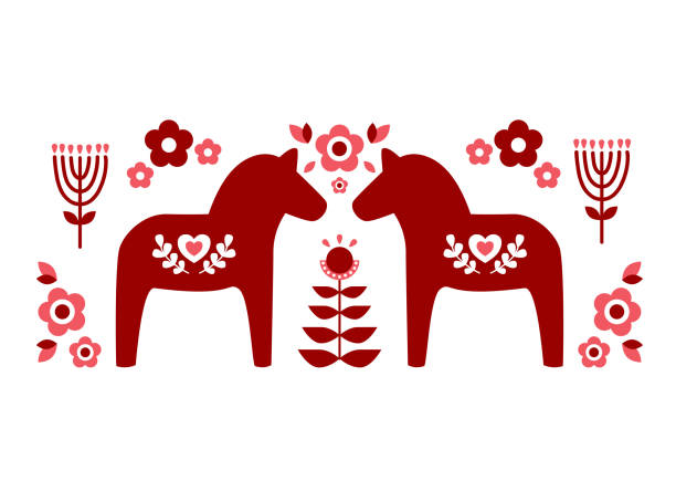 bildbanksillustrationer, clip art samt tecknat material och ikoner med röda svenska dalahästen och röd rosa floer mönster illustrera vektor - swedish christmas