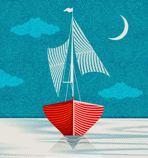 Vector illustration of Sailboat in the middle of the night