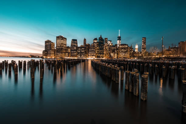 Horizontal view Manhattan downton at sunset