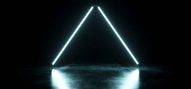 istock Modern Futuristic Neon Glowing Triangle Shaped White Ice Blue Ultraviolet Disco Tube Light Tubes Retro Style On Grunge Reflective Concrete Empty Dark 3D Rendering 1094904642