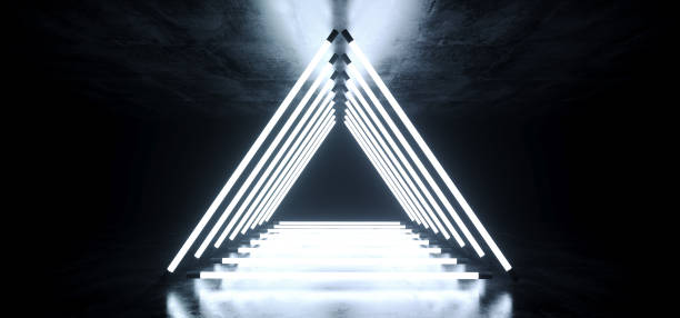 istock Modern Futuristic Neon Glowing Triangle Shaped White Ice Blue Ultraviolet Disco Tube Light Tubes Retro Style On Grunge Reflective Concrete Empty Dark 3D Rendering 1094904654