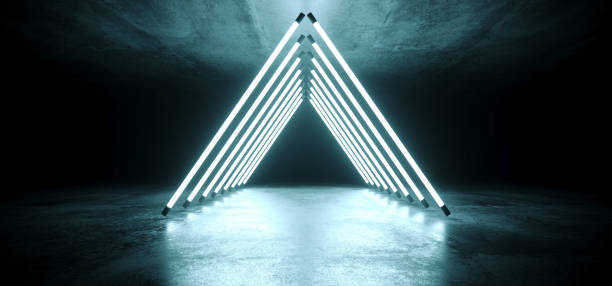 istock Modern Futuristic Neon Glowing Triangle Shaped White Ice Blue Ultraviolet Disco Tube Light Tubes Retro Style On Grunge Reflective Concrete Empty Dark 3D Rendering 1094904694