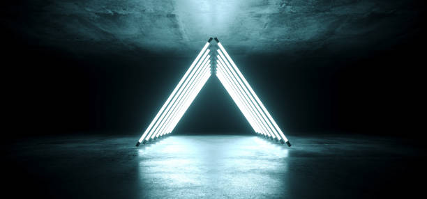 istock Modern Futuristic Neon Glowing Triangle Shaped White Ice Blue Ultraviolet Disco Tube Light Tubes Retro Style On Grunge Reflective Concrete Empty Dark 3D Rendering 1094904736