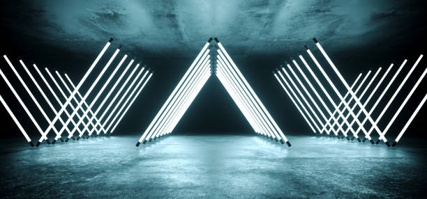 istock Modern Futuristic Neon Glowing Triangle Shaped White Ice Blue Ultraviolet Disco Tube Light Tubes Retro Style On Grunge Reflective Concrete Empty Dark 3D Rendering 1094904760