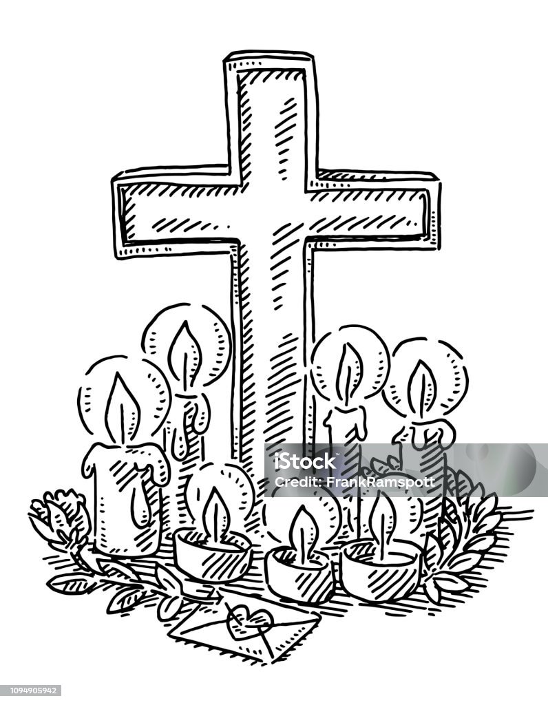 Place Of Mourning Cross And Candles Drawing Hand-drawn vector drawing of a Place Of Mourning Cross And Candles. Black-and-White sketch on a transparent background (.eps-file). Included files are EPS (v10) and Hi-Res JPG. Candle stock vector