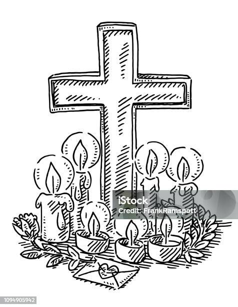 Place Of Mourning Cross And Candles Drawing Stock Illustration - Download Image Now - Candle, Cross Shape, Religious Cross