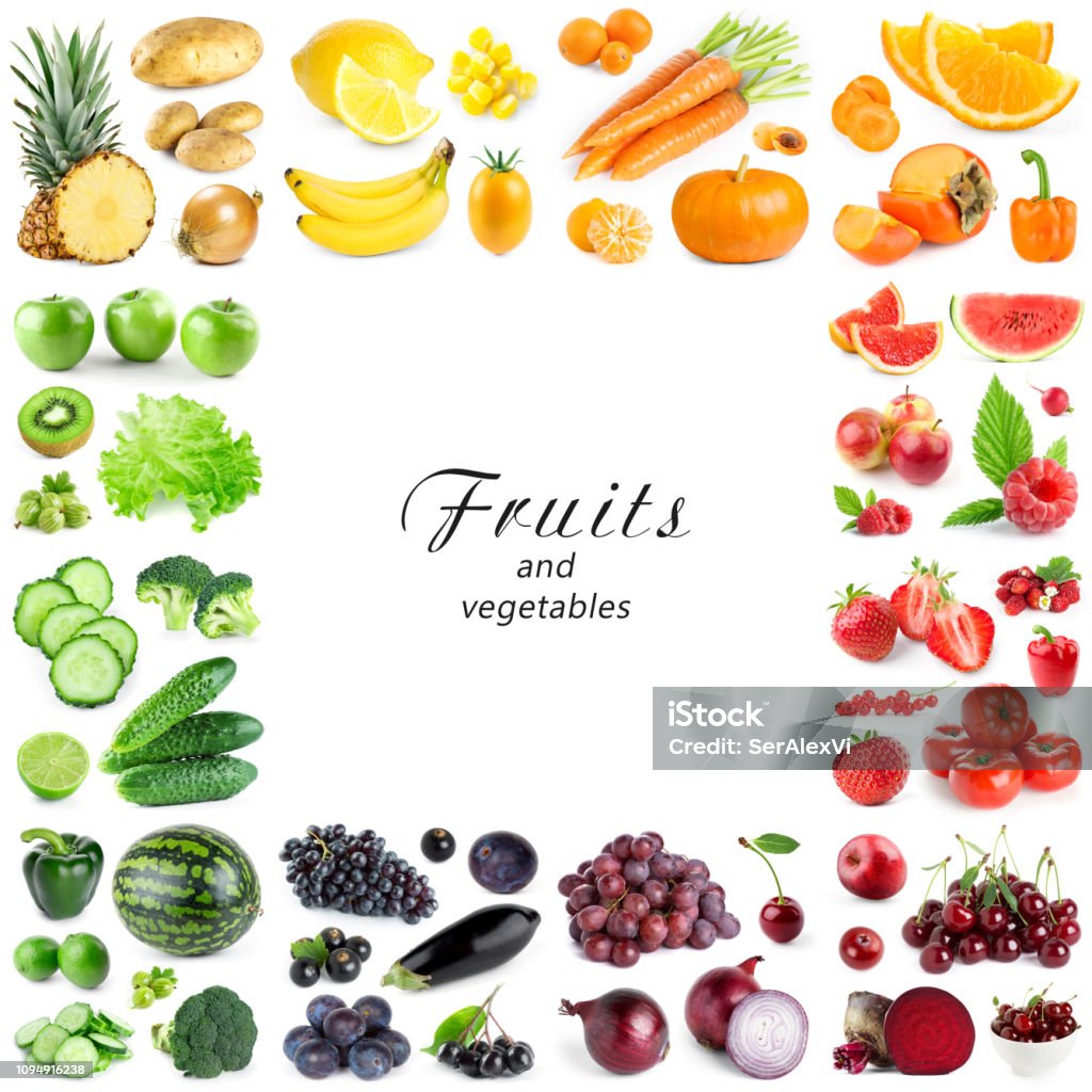 Collection of color fruits and vegetables on white background. Frame Collection of color fruits and vegetables on white background. Frame. Fresh food Apple - Fruit Stock Photo