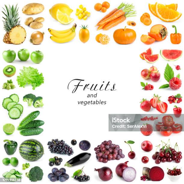 Collection Of Color Fruits And Vegetables On White Background Frame Stock Photo - Download Image Now