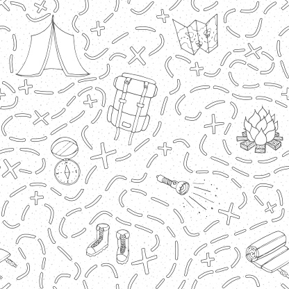 Hand drawn vector camping seamless pattern with backpack, bonfire, shoes, map, tent, sleeping bag, flashlight, compass and path to location outline. Travel theme background.