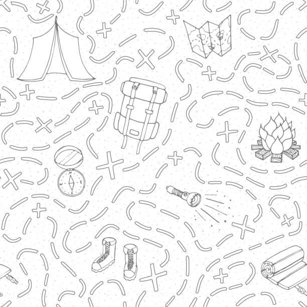 Hand drawn vector camping seamless pattern with backpack, bonfire, shoes, map, tent, sleeping bag, flashlight, compass and path to location outline. Travel theme background. Hand drawn vector camping seamless pattern with backpack, bonfire, shoes, map, tent, sleeping bag, flashlight, compass and path to location outline. Travel theme background. hiking backgrounds stock illustrations