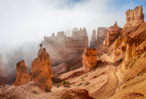 trekking Navajo loop trail Bryce Canyon National Park at sunrise with fog. Utah. USA People trekking the Navajo loop trail in Bryce Canyon National Park at sunrise with some clouds and fog. Utah, USA rock hoodoo stock pictures, royalty-free photos & images
