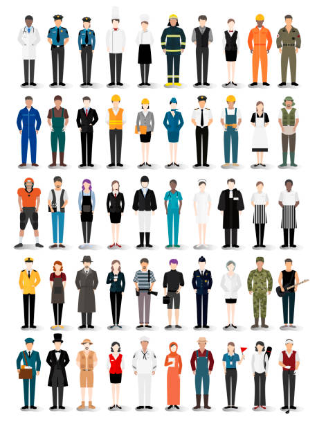 ilustraciones, imágenes clip art, dibujos animados e iconos de stock de vector ilustración de las diferentes carreras y profesiones - military uniform