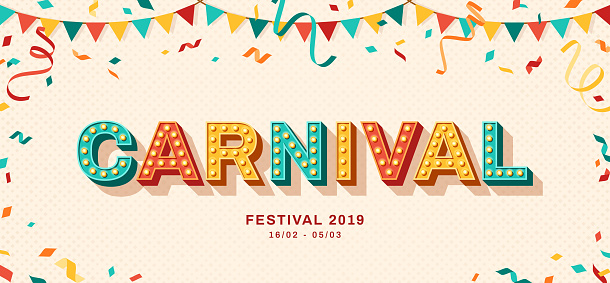 Carnival card or banner with typography design. Vector illustration with retro light bulbs font, streamers, confetti and hanging flag garlands.