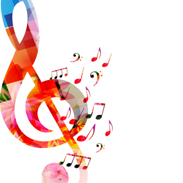 ilustraciones, imágenes clip art, dibujos animados e iconos de stock de fondo de música con notas musicales coloridas y g-clef - treble clef
