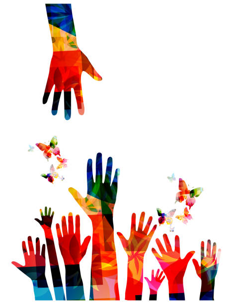 ilustrações, clipart, desenhos animados e ícones de mãos humanas coloridas com borboletas vector ilustração design - light waving rainbow vector