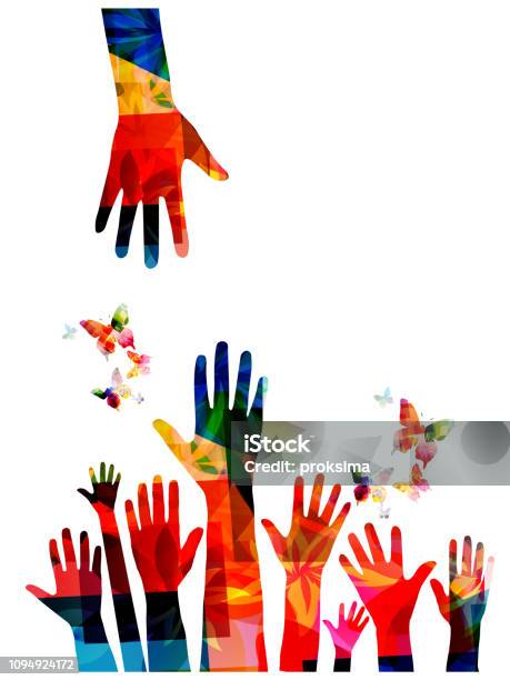 Colorful Human Hands With Butterflies Vector Illustration Design Stock Illustration - Download Image Now