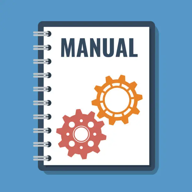 Vector illustration of book with manual title and gear cogs