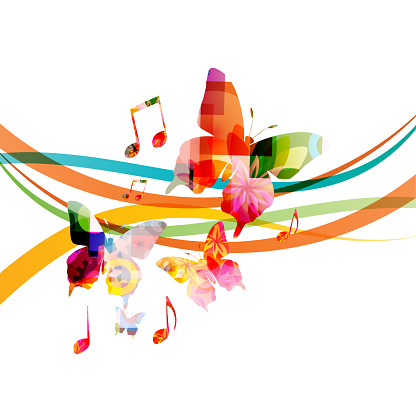 Music background with colorful music notes and butterflies vector illustration design. Artistic music festival poster, live concert events, music notes signs and symbols