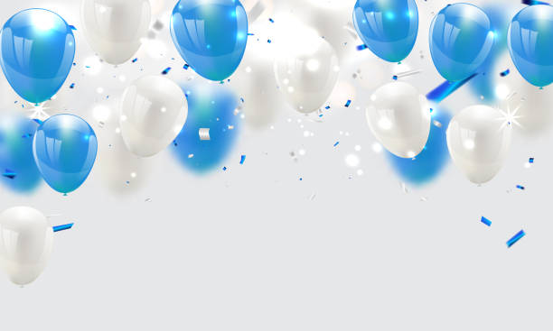 illustrazioni stock, clip art, cartoni animati e icone di tendenza di palloncini blu, illustrazione vettoriale. coriandoli e nastri, sfondo celebrazione - baloon