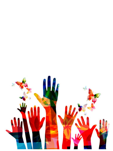 ilustrações, clipart, desenhos animados e ícones de mãos humanas coloridas com borboletas vector ilustração design - light waving rainbow vector