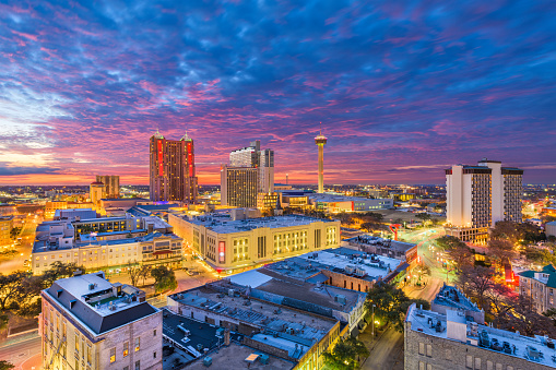San Antonio, Texas, USA Skyline at dusk from above.