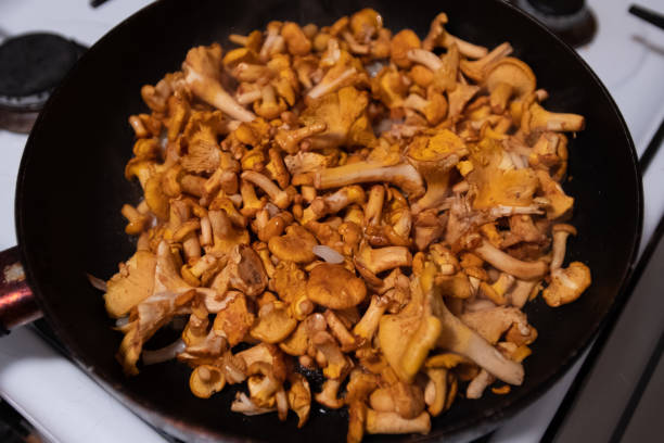 istock mushrooms on black frying pan top view 1094929206