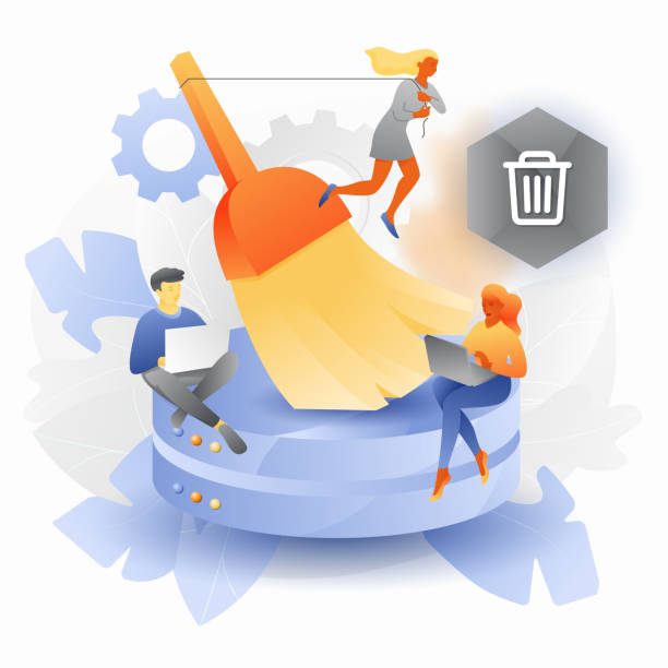 Data Cleaning Concept Vectorillustration of database cleansing. Tiny developers with big brush cleaning up hard disks. data-cleaning stock illustrations